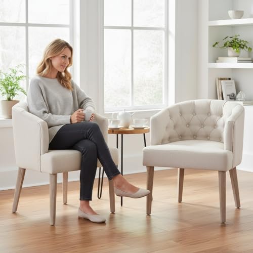 Image of Tufted Arm Linen Dining Chairs Set of 2, Beige