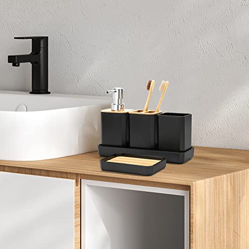 FEILANDUO Bathroom Accessories Set,5 Pcs Bathroom Accessory Gift Set, Soap Dispenser, Soap Dish, Toothbrush Holder, Toothbrush Cup, Vanity Tray, Boho, Modern Bathroom Decor (Black) - Image 4