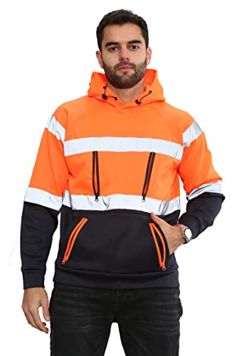 Image of Hi Vis 4 & 5 Zips Hoodie High Visibility Reflective Tape Band Work Fleece Safety Hooded Top Phone & ID Pockets Pullover SweatShirts Jacket Warm Security Plus Sizes Small - 3XL (2XL, 4 Zip Orange Pull)