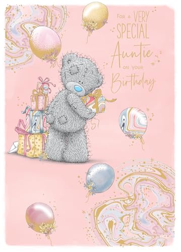Me To You Tatty Teddy For A Very Special Auntie Luxury Gold Foil Birthday Card Bear With Gift Boxes And Balloons 7 X 5 Inches - Official Collection