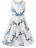 Partykleid mit Vintage Blumenmuster, ausgestelltes Rockteil, Empire-Taille mit Gürtel, verdeckter Reißverschluss auf der Rückseite.