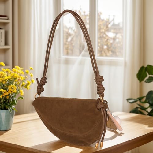Image of Small Suede Dumpling Crossbody Bag for Women, Hobo Shoulder Purse with Cute Baseball Charms & Adjustable Strap