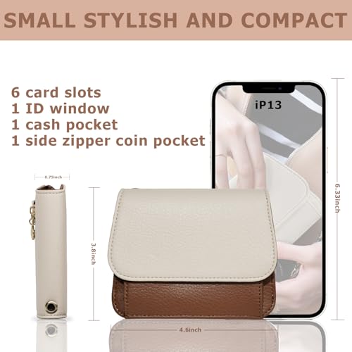 Image of Women Small Wallet RFID Blocking Slim Wallet with Coin Pocket Tri-Fold Credit Card Holder with ID Window and Keychain(Beige&Brown)