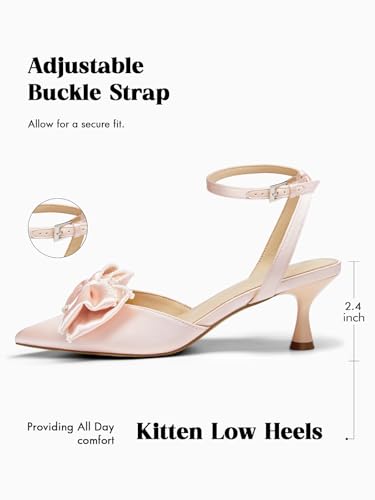 Image of Coutgo Womens Satin Kitten Low Heels Bow Pearl Closed Pointed Toe Pumps Ankle Strap Wedding Dress Shoes
