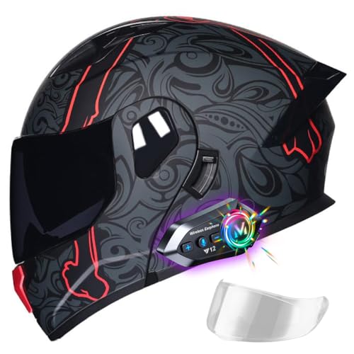 Motorbike Helmet with Bluetooth Module, Flip Up Full Face Integrated Helmet, ECE Approved, Lightweight Ventilation Design, High Definition Double Visor, for Adult Men and Women
