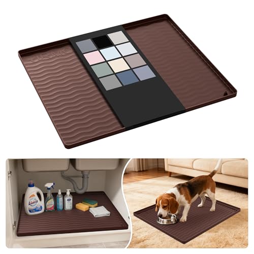 Image of URMONA Waterproof Silicone Under Sink Mat 22'' x 19'' Shelf Liner for Kitchen and Bathroom, Cabinet and Counter Protector, Storage and Organizers, Litter Mat, Pet Cat Puppy Essentials(Brown)