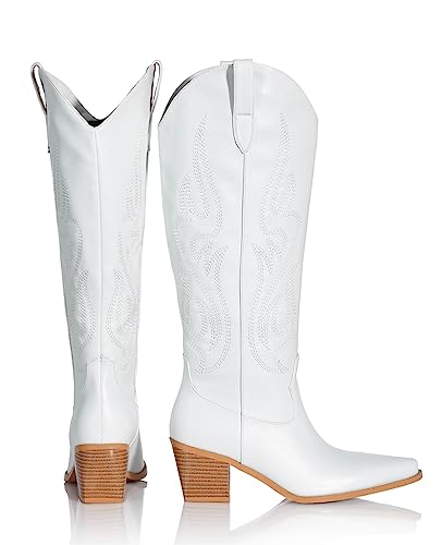 Image of Pasuot Western Cowboy Boots for Women - Knee High Wide Calf Cowgirl Boots, Slip On Pointed Toe Chunky Heel Fashion Retro Classic Pull On Tall Boot for ladies Party concert