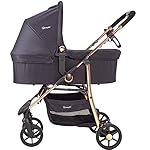 BABYGO Kinderwagen 3 in 1 Styles - Sportaufsatz und Wanne jeweils separat und Auto-Babyschale - Wickeltasche/Regenschutz/Matratze - Schwarz/Rosegold