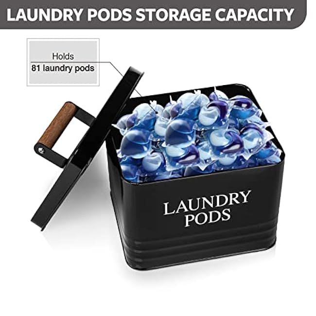Calindiana Modern Farmhouse Metal Laundry Pods Holder with Lid - Space Saving Organization, Holds 81 Pods, Black