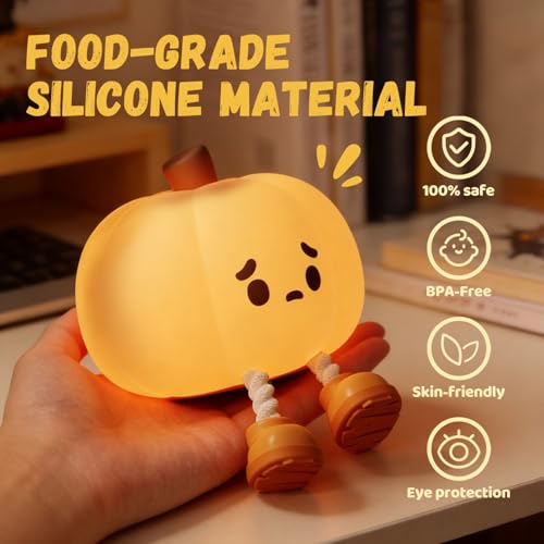 Image of Cute Pumpkin Night Light, Squishy Squeeze Silicone Lamp, USB Rechargeable Dimmable Nursery Light for Kids Bedroom, Halloween Home Decor, Birthday Holiday Gift for Toddlers Girls Boys