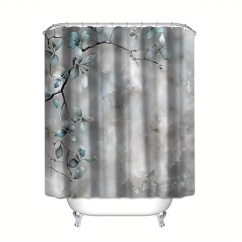 Cortina de Ducha Impermeable con diseño de Flores Verde Azulado sobre Gris, Elegante Estampado Floral, decoración Duradera para el baño, con Ganchos (70 x 140 cm/Impermeable).