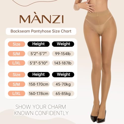 MANZI Sheer Backseam Tights Seamed Nylon Pantyhose for Women 20 Denier