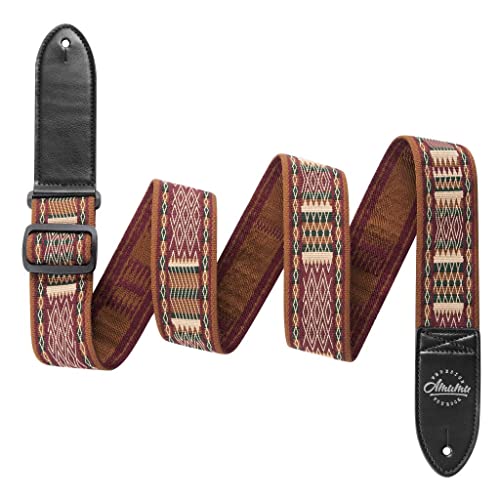 Amumu Guitar Strap Brown Diamond Grill Retro Chevron Polyester Woven For Acoustic Electric Bass Guitars With Genuine Leather Ends + Free Rubber Strap Blocks & Headstock Tie #TOP7