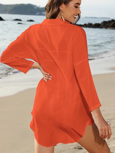 Image of POGTMM Women's Swimsuit Cover Up 3 /4 Sleeve Button Down Shirt Dress