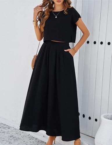 Mingzhu Womens 2 Piece Outfits Skirt Set Summer Casual Cap Sleeve Crop Tops Maxi Dress Sets with Pockets3