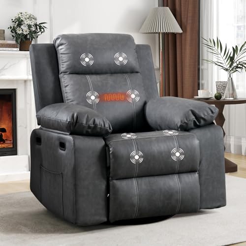 Grey Rocker Recliner Chair | Faux Leather | 360 Swivel, Rocking Chair Nursery Glider, Massage and Heat, Theater Seating | Modern, Ergonomic, Lounge, Gaming | Upholstered Reclining Chairs Living Room