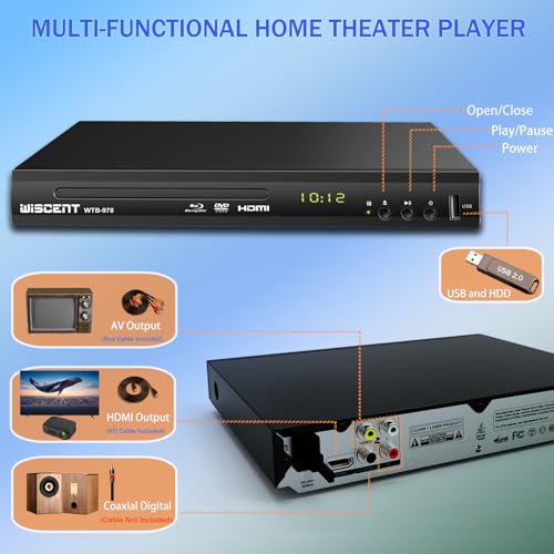 Blu-Ray Player für TV, WISCENT DVD Player mit Koaxial/HDMI/AV/Ausgang, USB-Eingang, Alle DVDs und Region B/2 Blue Ray Discs, Kompakter Full HD 1080p Bluray Player – Bild 4