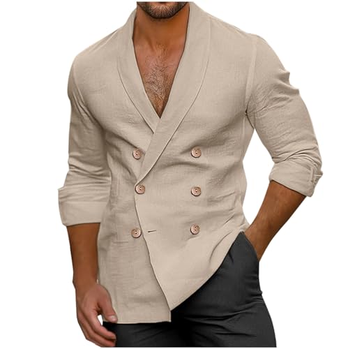 Mens Casual Double Breast Blazer Suit Jackets Lightweight V Neck Linen Work Jackets Three Button Slim Fit Sport Coats