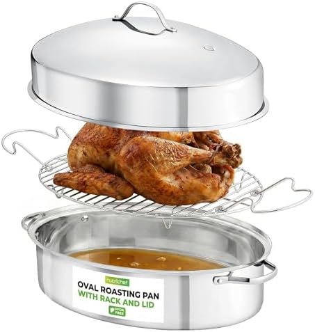 NutriChef 20" Oval Roasting Pan with Rack and Lid - Premium Stain...