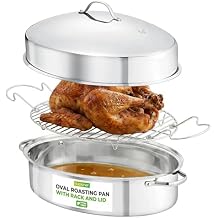 NutriChef 20" Oval Roasting Pan with Rack and Lid - Premium Stainless Steel Roaster Dish w/ Wide Handles & Removable Rack, Multi-Use Cookware for Turkey, Chicken, Stews, More - Dishwasher Safe