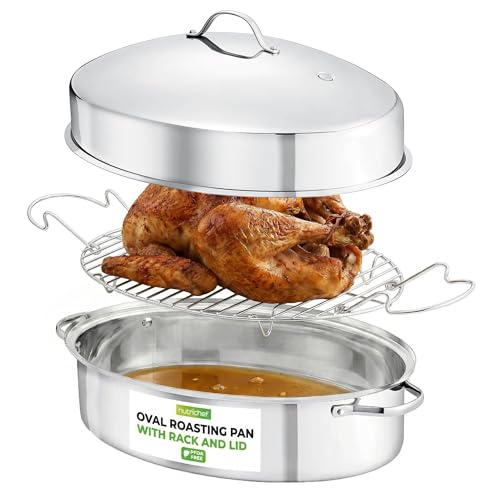 Oval Roasting Pan with Rack and Lid 20" - Premium Stainless Steel Roaster Dish w/ Wide Handles & Removable Rack, Multi-Use Cookware for Turkey, Chicken, Stews, & More - Dishwasher Safe by Nutrichef - Used condition - CA$28.54