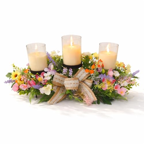Floral Candle Holder Centerpiece for Table, 3 Candle Holders with
