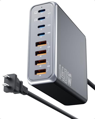 140W USB C Charger Block, 8-port USB C Fast Charging Station, 65W USB C Laptop Charging Hub Compatible with iPhone, MacBook, Galaxy, iPad,and More (K44, Black)