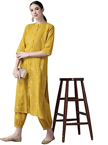 Image of ishin Women's Cotton Mustard Yellow Embroidered A-Line Kurta set With Salwar