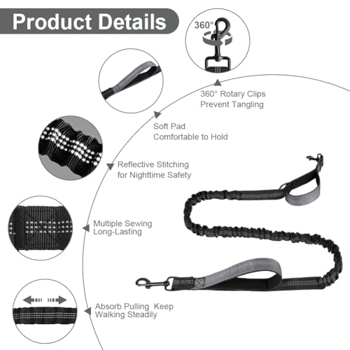 OFFCUP Joggingleine Hunde Hundeleine Freihändig, Dual Griffe Reflektierende verstellbar 124-180cm, Hunde Freihändig Hundeleine für Große und Mittelgroße Hundes bis zu 50 kg, Grau