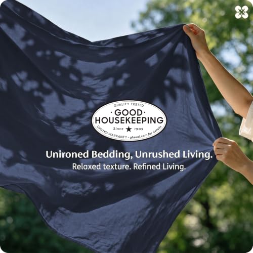 Image of Bedsure 100% Washed Cotton Duvet Cover Oversized King Size - Navy Minimalist Bedding Set Linen Like - PureWoven Plain Simple & Soft Comforter Cover for All Seasons (Navy, Oversized King, 120 inchx98 inch)