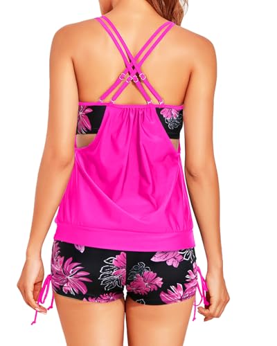 Image of Holipick Tankini Swimsuits Two Piece Tummy Control Bathing Suits Blouson Swim Tank Top with Boy Shorts