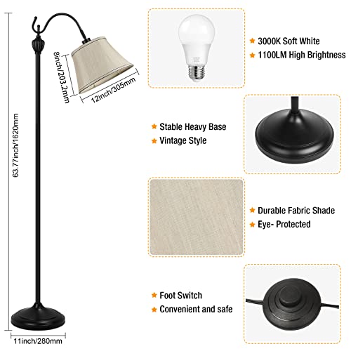 Folksmate Floor Lamps For Living Room, Tall Standing Lamp With Shade, Led Farmhouse Pole Lamps, Vintage Stand Up Lamps, Rustic Classic Corner Floor Light For Bedroom, Office, Reading, Black #TOP5