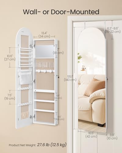 Image of SONGMICS Wide Jewelry Organizer, LED Jewelry Cabinet Wall /Door Mounted, Arched Mirror with Storage, Lockable, Rounded Corner, Interior Mirror, 3.9 x 16.5 x 55.1 Inches, Cloud White UJJC040WB01