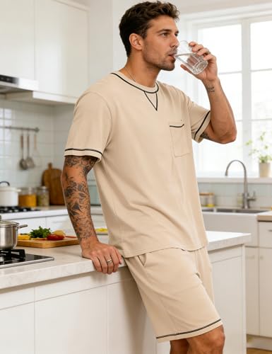 Image of SWOMOG Mens Pajamas Set Summer Sleepwear Short Sleeve Pjs Set Soft 2 Piece Lounge Set Comfy Loungewear with Pockets