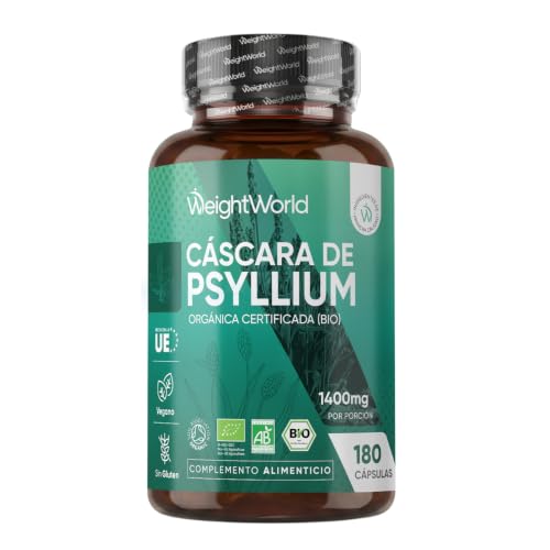 Cáscara de Psyllium Husk 1400 mg - 180 Cápsulas de Pisilio Orgánico Puro - Fibra de Plantago Ovata, Vegano, Sin Gluten para 3 Meses de Suministro