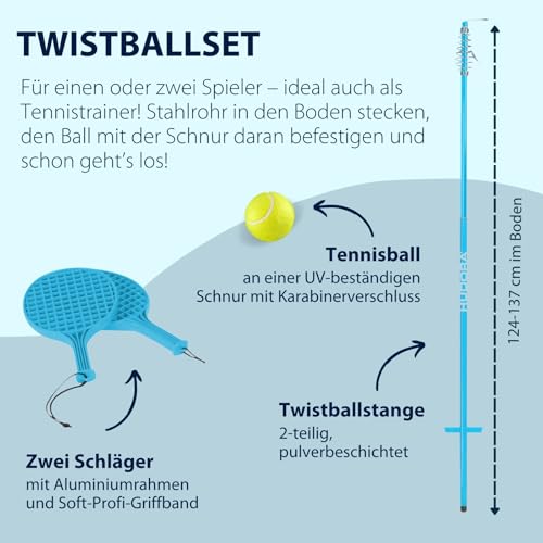 HUDORA Twistball-Set mit 2 Schlägern und 1 pulverbeschichteter Stange – Tennis-Trainingsset von 124 – 137 cm – hochwertiges Swingball-Set mit Ständer – Spiel für Kinder ab 4 Jahren