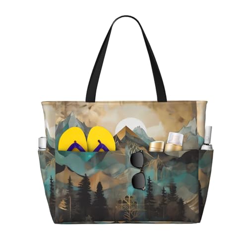 Mountains Trees Landscape Sunrise Print Large Beach Tote Bag for Women Extra Large Capacity Sandproof Waterproof Pool Bag Suitable for Swimming Pool Gym Groceries Travel