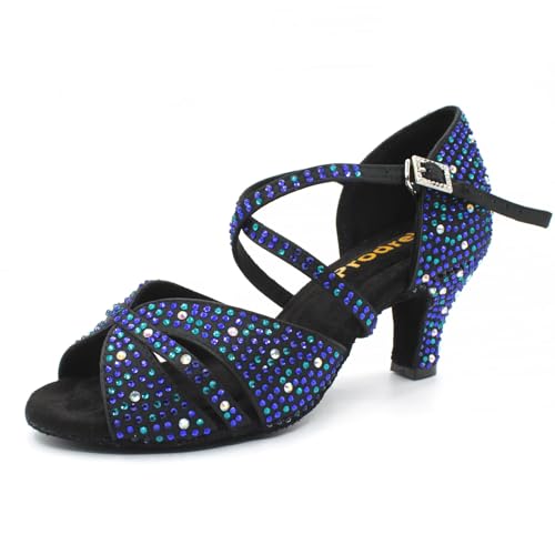 Prodrelo Blue Dance Shoes for Women,Glitter Satin Kitten Heel Salsa Latin Swing Ballroom Shoes with Rhinestones,for Evening/Wedding/Party 8 US