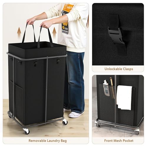Image of 40 Gal Large Laundry Hamper with Lid, Rolling Laundry Basket with Wheels, Oxford Fabric Dirty Clothes Hampers with Removable Laundry Bag & Metal Frame for Bedroom, Laundry Room, Bathroom, Dorm(Black)