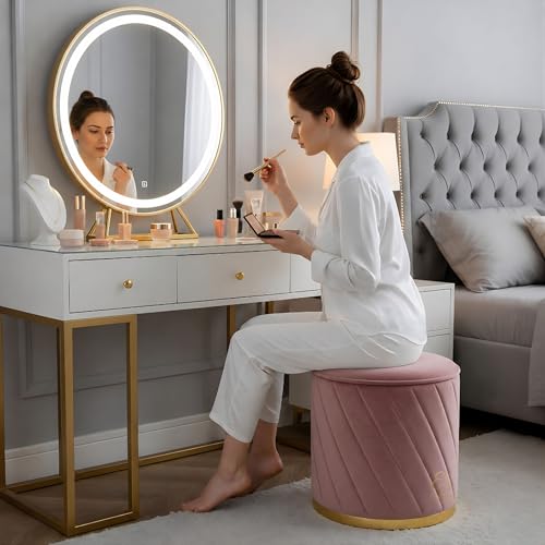 Image of ENIQE STORE Premium Velvet Ottoman Stool | Modern Round Pouffe with Gold Base | Multipurpose Seating | Living Room & Bedroom Decor (Pink Set of 2)