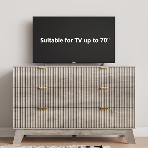 Image of 6 Drawer Dresser for Bedroom, Fluted Dressers Chest of Drawers with Gold Handle, Mid Century Modern Dresser for Closet, Wood Closet Storage Organizer Furniture for Bedroom, Living Room, Hallway, Grey