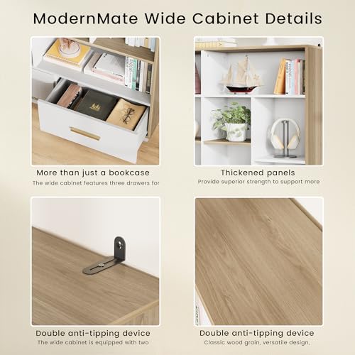 Image of ModernMate 60 inch Wide Bookshelf with 3 Drawers & 16 Open Display Storage