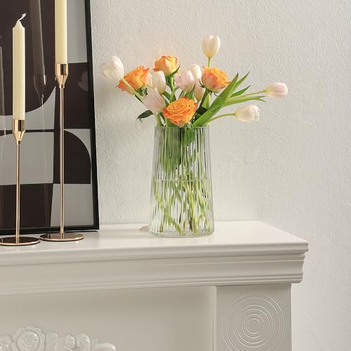 MARTAGE Clear Glass Vase for Flower, Flower Vase for Bouquet, Modern Glass Vases, Ribbed Vases for Living Room, Bedroom, Dining Table, Office, Wedding, Centerpieces, 8 Inches