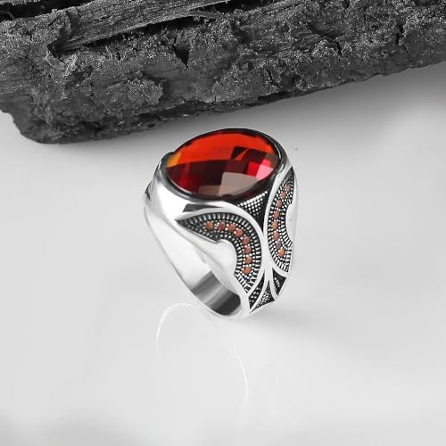 925 Sterling Silver Men's Garnet Stone Ring, Handmade, Gift for Him3