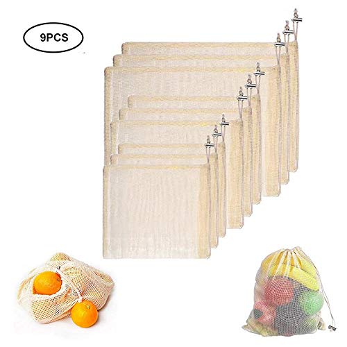 DokFin Bolsas Reutilizables para Frutas y Verduras, Bolsas de Almacenamiento de Malla de algodón orgánico con Cordones para el hogar, Compras, Set de 9