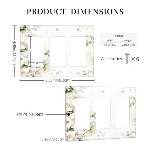 Decorative Outlet Covers Rustic Ink Green Leaves White Florals Flower 3 Gang Outlet Cover Wall Plate Triple Rocker Light Switch Cover Plate Switch Plate Covers for Bedroom Home Decor