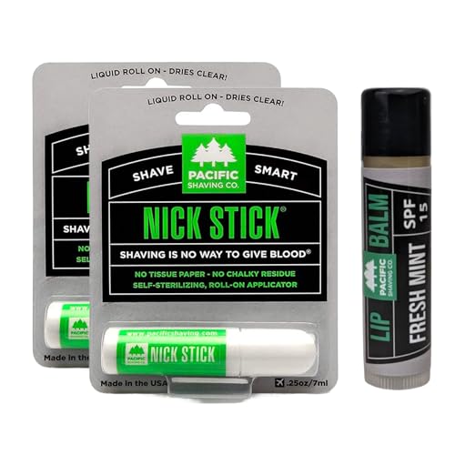 Pacific Shaving Company 2 Nick Sticks + 1 Fresh Mint Lip Balm SPF 15 - A Shave Essential - Puts Nicks in Their Place - Liquid Roll-On Applicator Dries Clear - With Vitamin E & Aloe Vera (3 Pieces)