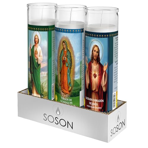 Simply Soson Religious Devotional Candle Set of 3 Virgin of Guadalupe Sacred Heart of Jesus & Saint Jude Catholic Glass Candles for Church and Home Devotion