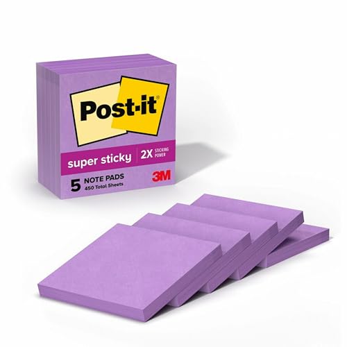 Post-it Super Sticky Notes, 5 Sticky Note Pads, 3 x 3 in., Ideal for Organization in Your Dorm, Home or Office, Single Color Packs Collection, Purple Iris