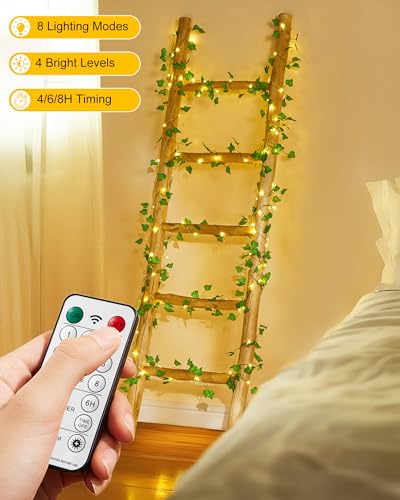 Image of Minetom Vine Lights for Bedroom, 21ft 60LED Fairy Lights Battery Operated with Remote Control, 8 Lighting Modes Ivy Vines String Light for Bedroom Room Wall Wedding Christmas, Warm White